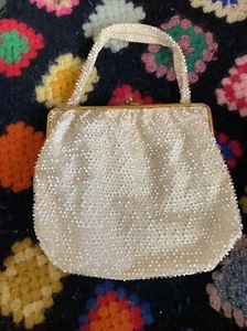🔥Vintage 50s Lumured Beaded Purse White Handbag Beaded Rockabilly - Picture 1 of 4