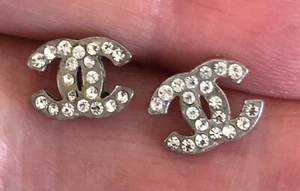 Chanel Iconic MINI Silver CC Crystal Piercing Earrings USED FREE US S/H - Picture 1 of 5
