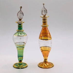 Lote de 2 pares de botellas de perfume sopladas a mano arte en vidrio oro verde estilo egipcio - Imagen 1 de 9
