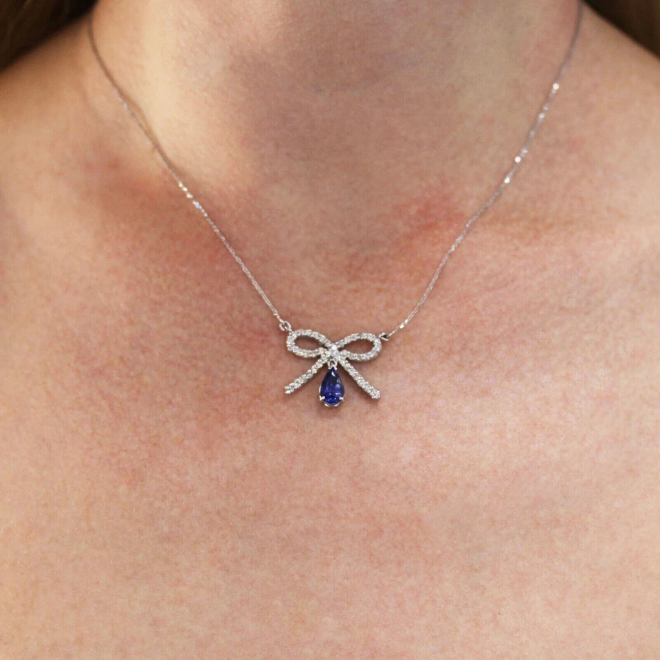 2.5ctw Natural Blue Sapphire & Diamond  Solid 18k White Gold Bow Shape Necklace - Image 1 of 4