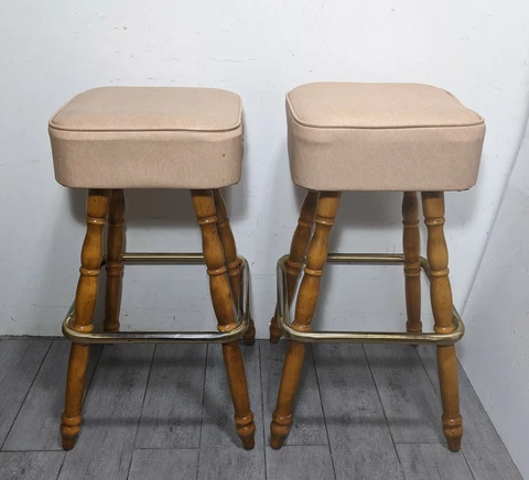 Vintage CHROMODERN Retro Mid Century Modern Pair of Vinyl/Wood Bar Stools Cover