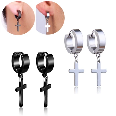 Orecchini Uomo Donna a Cerchio Cerchietto Acciaio Inox con Croce Argento Nero - Immagine 1 di 4