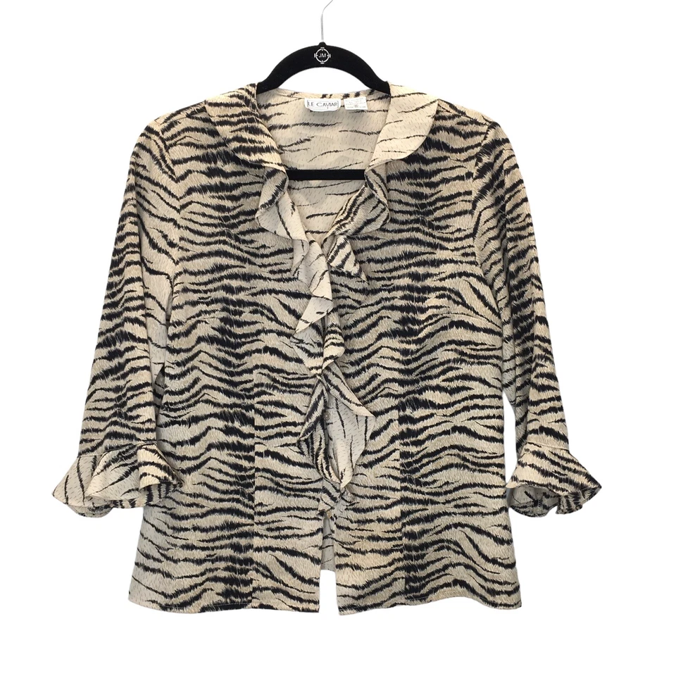 Blusa vintage Le Caviar con volantes para mujer mediana animal manga 3/4 cuello en V botón Foto 1 de 4