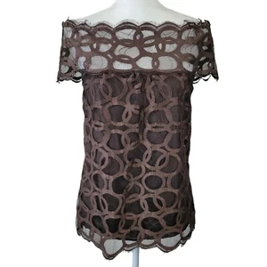 Robert Rodriguez Sz 2 Off The Shoulder Top Lace Over Silk Brown Circle Design - Picture 1 of 11