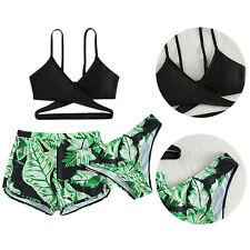 Kids Girls 3Pcs Tropical Swimsuit Bikini Top Printed Swim Briefs Shorts Swimwear