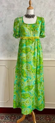 Vintage BERKERTEX 1970's Lime Green Blue Paisley Psychedelic Maxi Dress 10 - Image 1 of 4