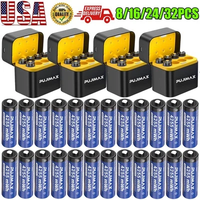 8/16/24/32 PCS AA 1.5V 4255mWh Rechargeable Lithium Battery With Charger Box NEW - Image 1 of 4