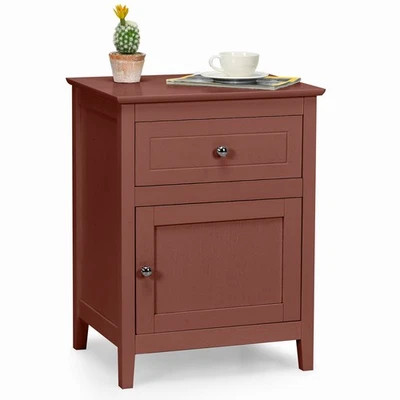 Costway Nightstand w/Drawer Accent Side End Table Storage Cabinet Cherry - Image 1 of 4