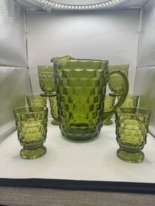 Vintage Indiana Glass Whitehall Cubist Avocado Green Footed 8 Glasses W/ Pitcher - Picture 1 of 13