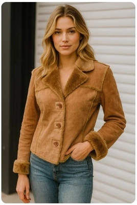 Jaqueta de Couro EUA Vintage Y2K Camurça Marrom Cropped Gola Sherpa Forrada Tamanho G - Imagem 1 de 4