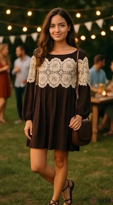 Judith March Lace Boho Mini Dress MED Brown Cream Hi Lo Feminine Festival Party - Image 1 of 4