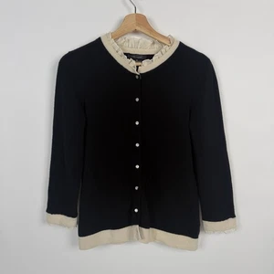 Bloomingdale's Cashmere Cardigan sz M Black Cream Trim Ruffles VTG 80's Sweater - Picture 1 of 8