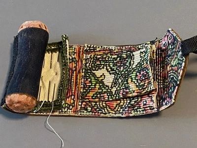 Colorful Antique Miniature Leather Sewing Roll Rollup Pin Cushion Needle Book - Image 1 of 4