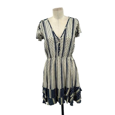 Mini Vestido Cleobella Estampado Crema y Azul Marino Manga Corta Talla Pequeña Foto 1 de 4