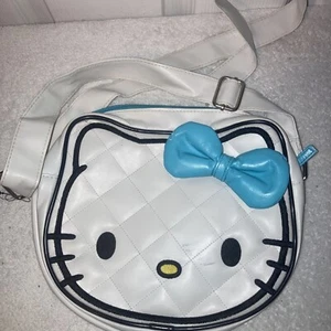 Loungefly White Quilted Hello Kitty Face Crossbody Bag Faux Leather Blue Bow - Picture 1 of 6