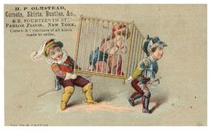 Antique Trade Card H.P. Olmstead Corsets NY Girl in Cage Mrs. Reeds A5