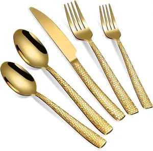 20-Piece Silverware Set, Gold Hammered Stainless Steel Flatware Sets for 4 - Picture 1 of 5
