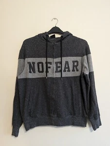 Vintage Y2K No Fear Full Zip Hoodie Striped Mens Medium Black Grey Accents - Picture 1 of 6
