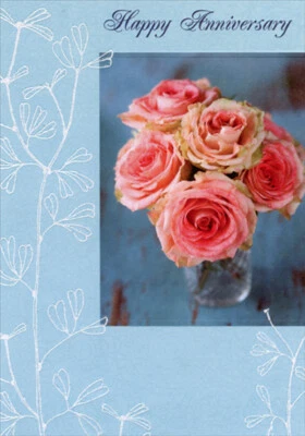 Tarjeta de felicitación aniversario boda azul claro flores blancas rosas rojas Foto 1 de 2
