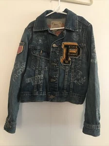 Limited- Ralph Lauren Polo Varsity Patch Tiger Letterman Denim Jacket Boys Sz 8 - Picture 1 of 9