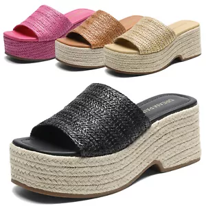 Women Wedges Slides Sandals Platform Espadrilles Summer Vacation Beach Sandals - Picture 1 of 30