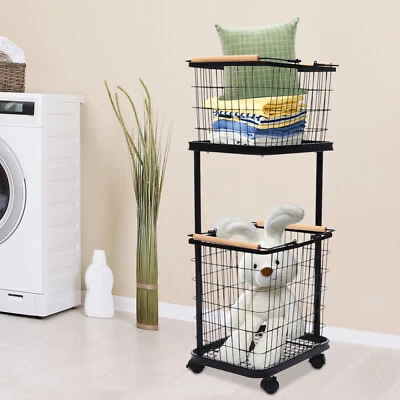 Black Metal Laundry Basket With Wheels 2-tier Laundry Basket Rectangular Iron - Image 1 of 4