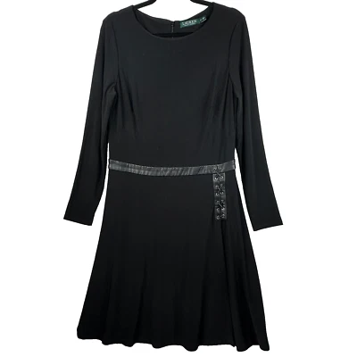 Lauren Ralph Lauren Midi Dress Size 12 Black Leather Trim Goth Viking Ren Faire - Image 1 of 4