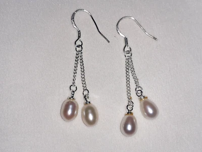 orecchini di perle doppie coltivate bianche pendenti, argento 925 massiccio - Immagine 1 di 4