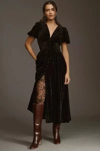 NWT ANTHROPOLOGIE Sz 0 KATERINA BUTTON FRONT DRESS VELVET EDITION BLACK - Picture 1 of 4