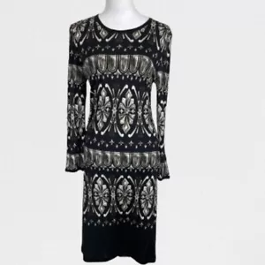 Tory Burch Rosella Silk Dress Black/White Patterned Stretch Long Sleeve Sz L - Picture 1 of 12