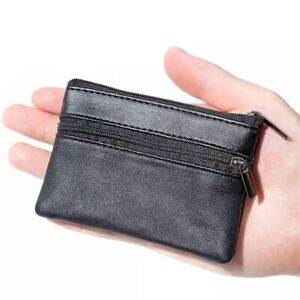 Unisex Black Small Coin Pouch Purse Key Holder Leather Zip Wallet Card Holder