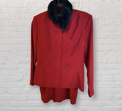 Vintage Red Suit Set Blazer W/ Matching Skirt & Detachable Black Faux Fur Collar - Image 1 of 4
