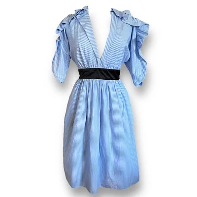 Vestido Manoush para mujer talla 42 EE. UU. 10 azul blanco a rayas manga con volantes cuello en V Foto 1 de 4