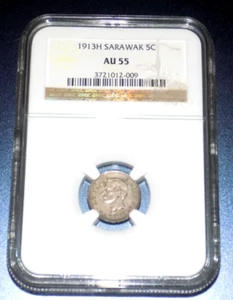 SARAWAK 1913-H 5 FIVE CENTS SILVER C. BROOKE RAJAH NGC AU 55 GRADED COIN - Picture 1 of 4
