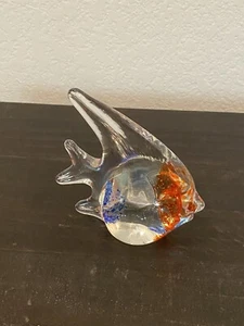 Art Glass Hand Blown Paperweight Figurine Angel Fish Blue Orange Clear 4.5 Tall - Picture 1 of 6