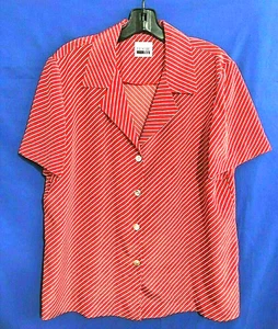 LESLIE FAY Vintage CREPE Button-Up Red/White DIAGONAL STRIPES Shirt/Top Sz L - Picture 1 of 5