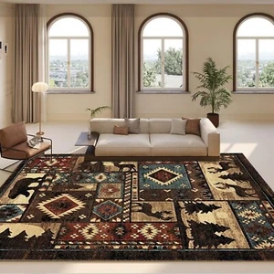 Rustic Cabin Bear Area Rug for Bedroom Vintage Distressed Moose Deer Carpet C... - Picture 1 of 7