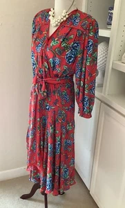 Vintage Diane Freis Dress, One Size, Red Floral, Midi, Long Sleeve, Scarf/ Belt - Picture 1 of 18