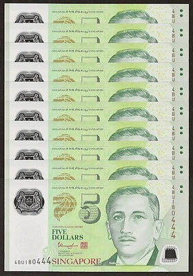 SINGAPORE 5 Dollars X 10 PCS w/1 Triangle 2014 P-47d POLYMER 1/10 Bundle UNC - Image 1 of 2