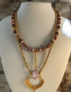 Pink Opal Crystal & Rose Opaline Beads In Two Strand Gold Plated Necklace - Picture 1 of 11