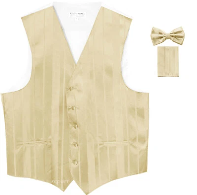 New Men's Tuxedo Vest Waistcoat Stripes Bowtie Hankie set prom party Champagne - Image 1 of 3