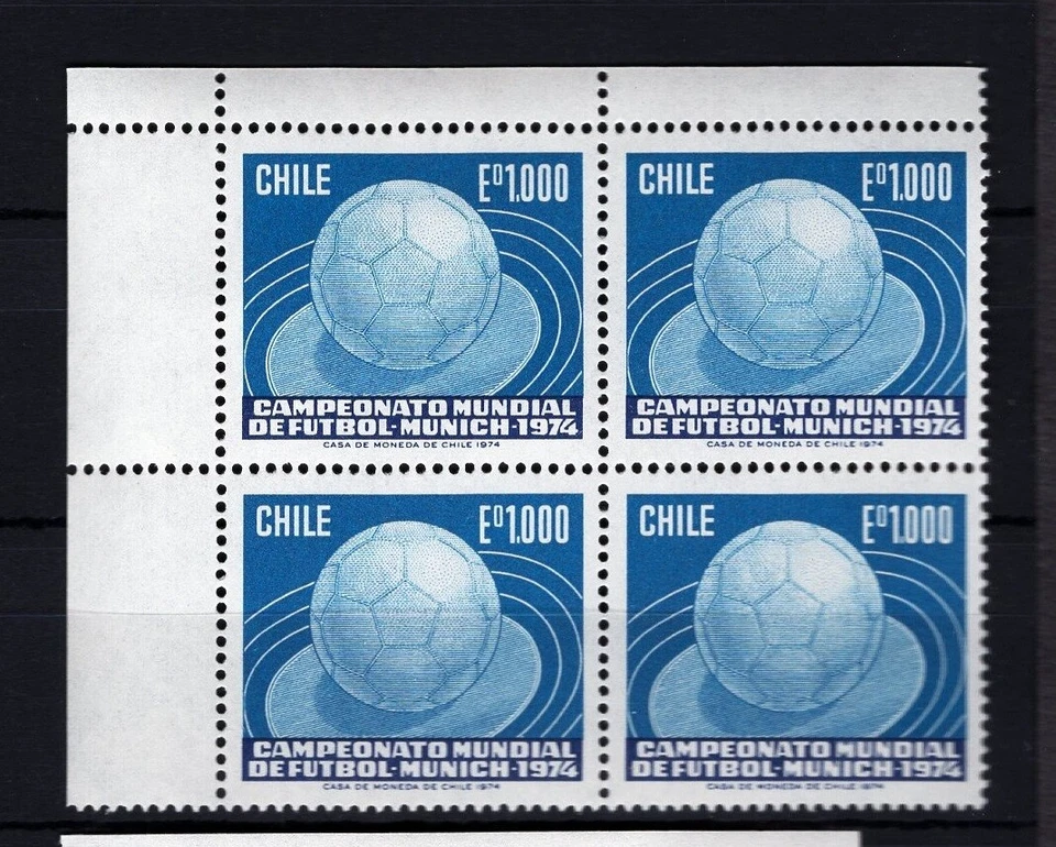 CHILE 1974 Mundial Fútbol Munich Alemania eº1000 Bloque de 4 MNH Hoja Esquina Foto 1 de 1