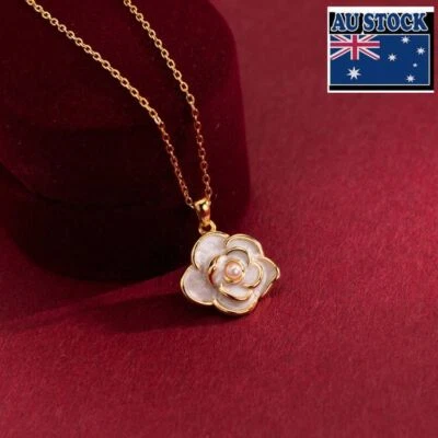 Woman Real s925 Sterling Silver Simulated Pearl Flower Camellia Charm Chain  - Image 1 of 4