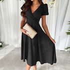 Women Wrap V Neck Midi Dress Ladies Puff Sleeve Party Evening Cocktail Ball Gown