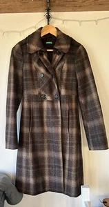 Vintage United Colors Of Benetton Wool Tweed Coat Jacket Brown Plaid Size 8 - Picture 1 of 4