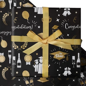 2025 Graduation Gift Wrapping Papers, 6 Sheets Black and Gold Gift Wrap Papers, - Picture 1 of 7
