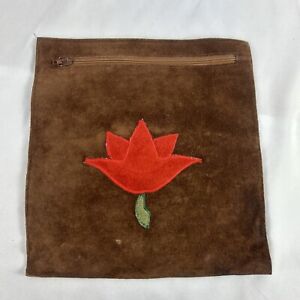 Handmade Travel Pouch Zipper Pocket Embroidered Tulip Brown Suede 8.5” X 8”
