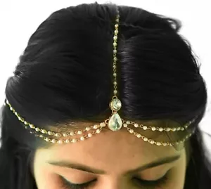 Indian Bollywood Wedding Gold Tone Kundan & Pearls Bridal Matha Patti Maangtikka - Picture 1 of 3