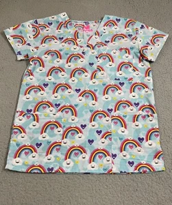 I * Scrubs Top Womens XS Blue Multi Rainbow Hearts Medical Nurse Dental Vet Tech - Picture 1 of 14