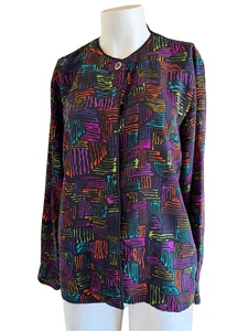 Women’s 80’s button up blouse wavy line neon medium - Picture 1 of 3